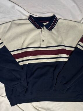 Vintage Puritan 80s 90s Striped Collared Boxy Pullover in Navy, Cream & Burgundy